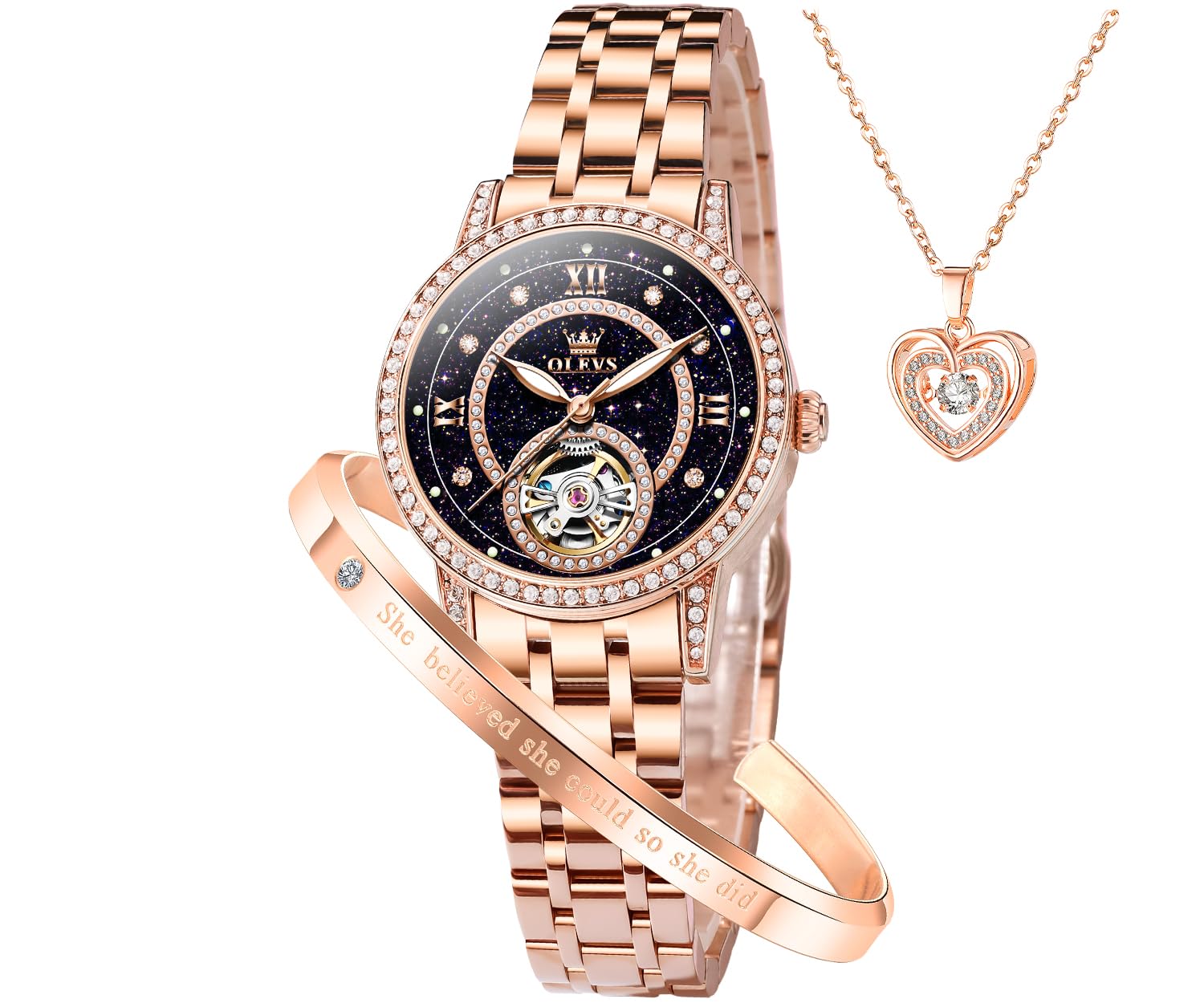 OLEVS Women’s Watch Automatic Diamond Tourbillon Luxury Fashion Stainless Steel 