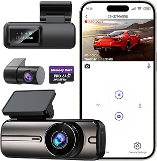 Dash Cam Front and Rear 4K 1080P, 64GB Card Included, 24H Parking Mode | 5GHz WiFi & App Control, G-Sensor Locks Important Footage, Loop Recording, Easy Video Transfer and Playback