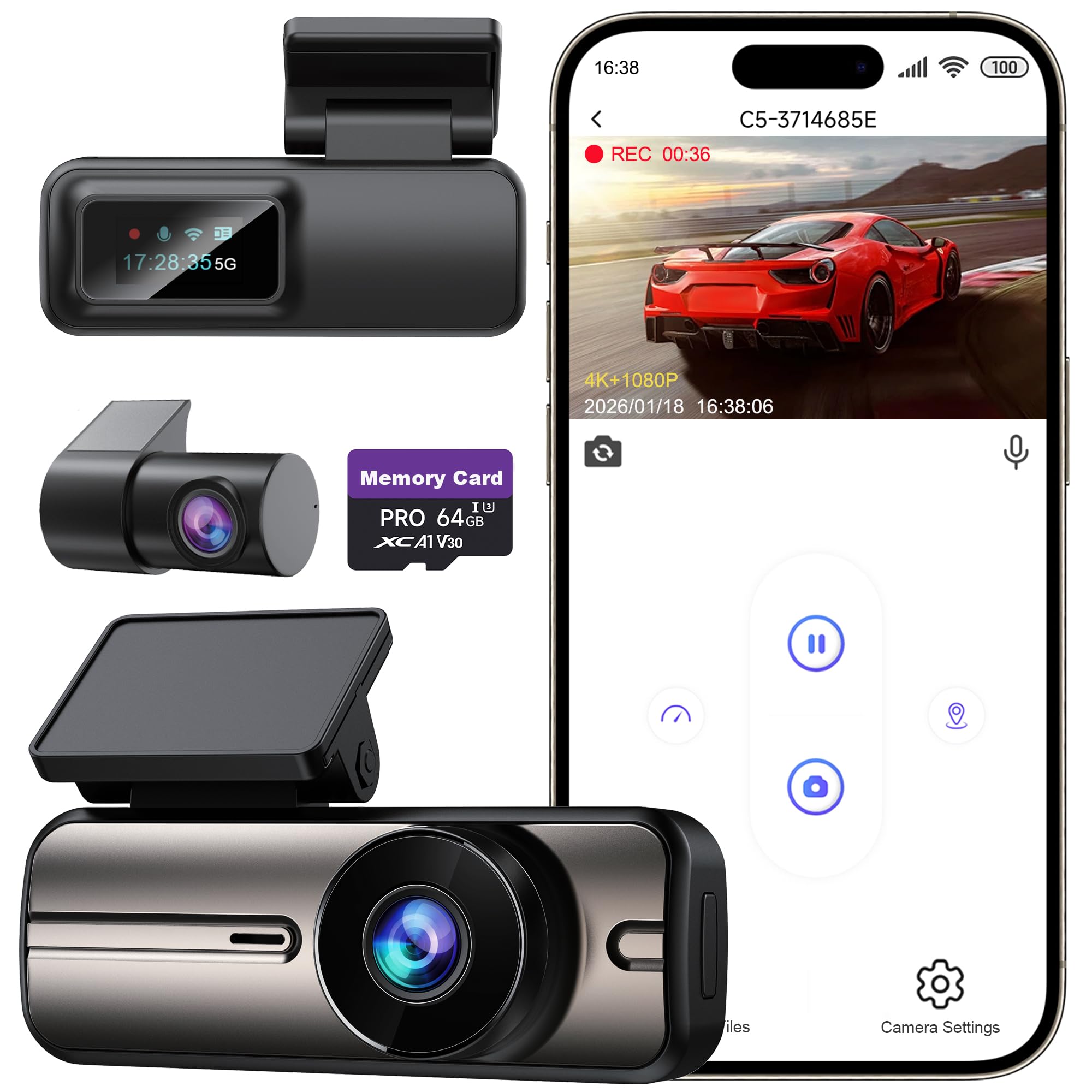Dash Cam Front and Rear 4K 1080P, 64GB Card Included, 24H Parking Mode | 5GHz Wi