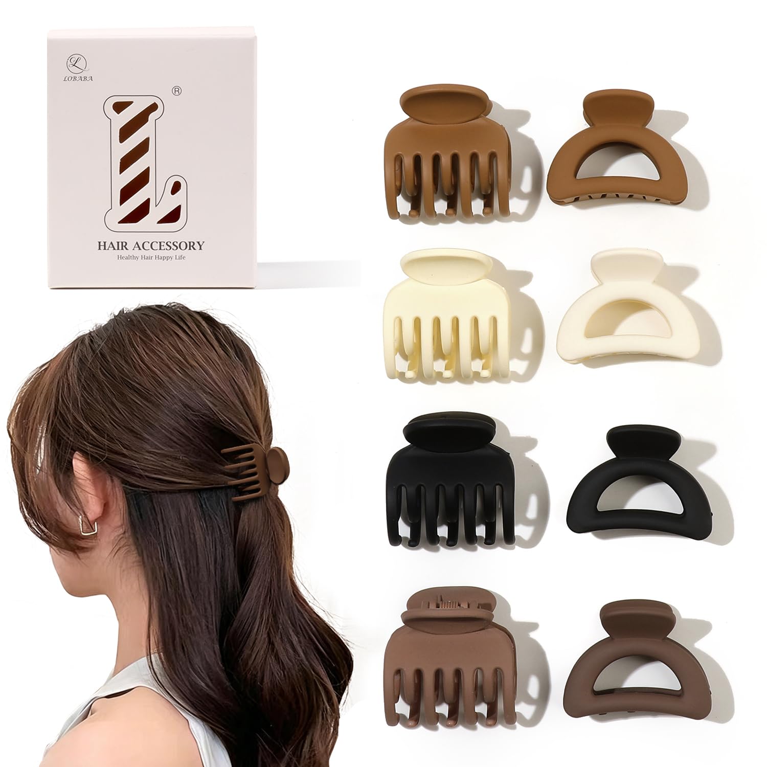 8 Pieces Women's Hair Clips - 4 cm Medium Opaque Half Circle and Double Row of T