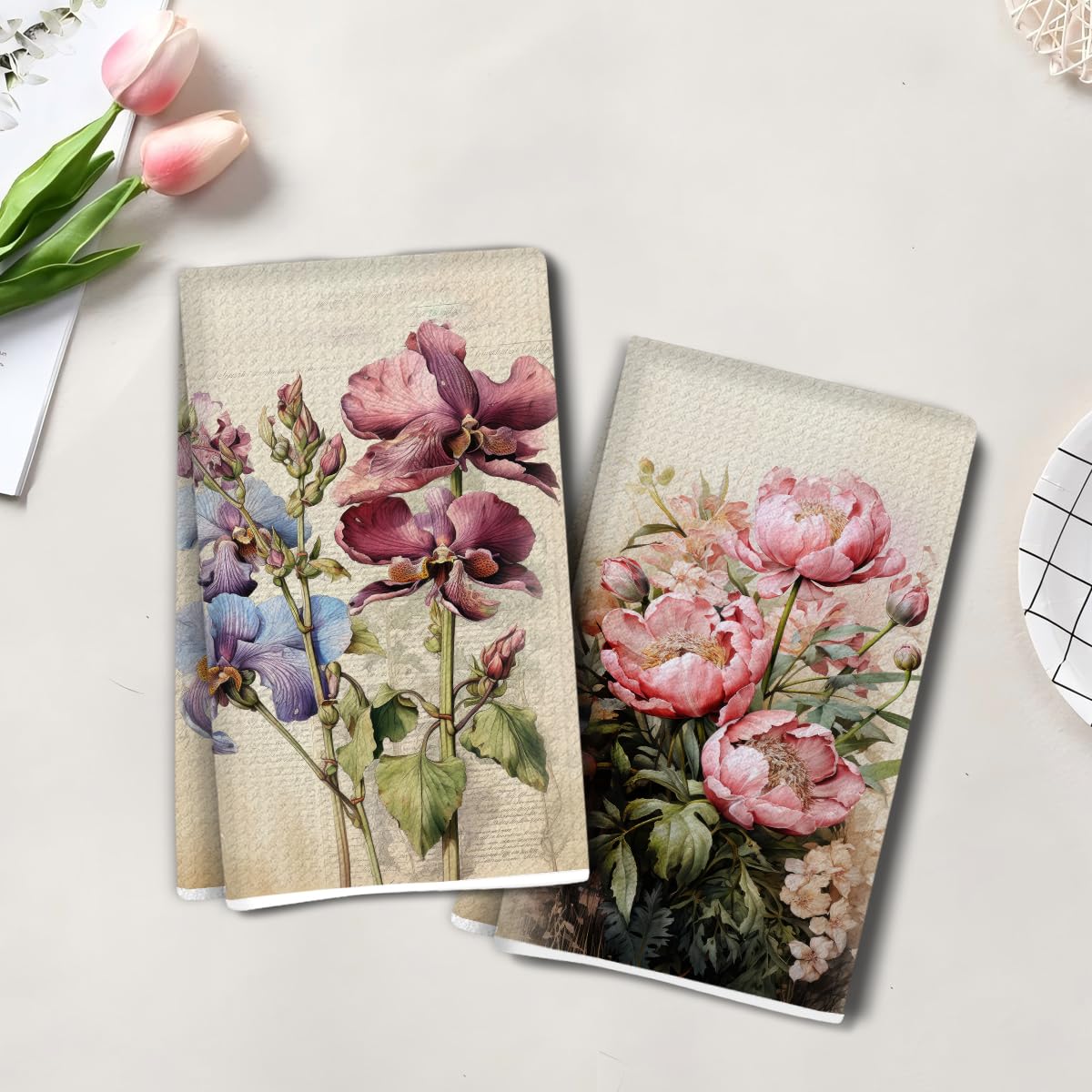 2 Pieces Vintage Floral Kitchen Towels 14x24 Inches Decorative Microfiber Absorb