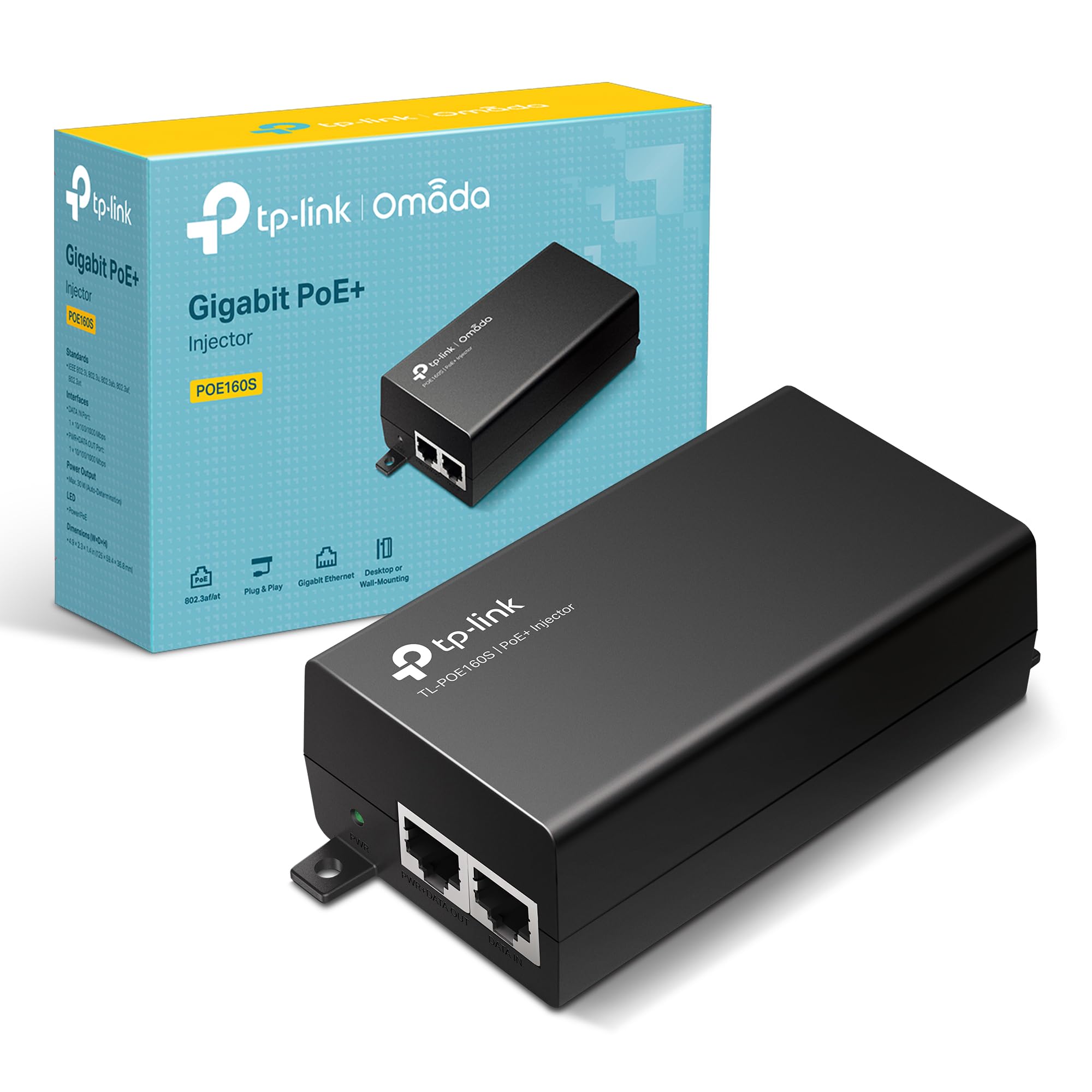 TP-Link POE160S PoE+ Injector, IEEE 802.3af/at, 2× Gigabit Ports, Non-PoE to PoE