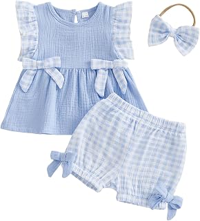 Amnnchya Toddler Girl Clothes Baby Summer Spring Outfits Cute Bow Button Smocked Ruffle Sleeve Tops ＋ Girls Shorts Set