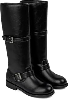 QIY Double Buckle Knee High Boots for Women Vintage Flat Riding Tall Boots