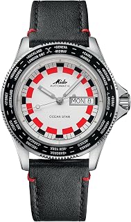 MIDO Ocean Star Worldtimer - Swiss Automatic Watch for Men - Retro Style Red and Black Chequered Dial with Day,Date Calendar - 40.5mm Stainless Steel - Black Leather Strap - M0268301603000