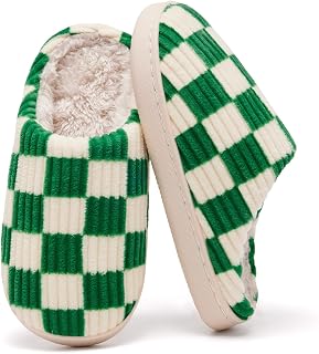 Guyarns Kids Slippers for Boys Girls Plush Lined Memory Foam Checkered Slippers Non-Slip Sole Winter Warm Bedroom Cloud House Shoes Indoor Outdoor