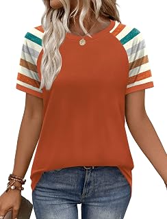 WIHOLL Womens Summer Tops Color Block Short Sleeve Raglan Shirts Spring Fashion Clothes Vacation Outfits