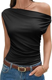 Cicy Bell Canotte da donna con collo ad anello 2026 estate fuori dalla spalla asimmetrica increspata top per uscire camicie senza maniche