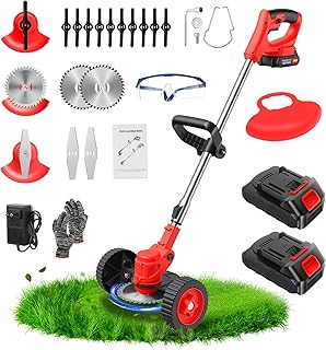 21V Electric Weed Wacker with Wheel, Grass Trimmer Cordless Edger Lawn Tool | 3 in 1 Weed Eater Battery Powered with 2pcs Batteries & Charger, Weed Trimmer/Brush Cutter/Edger Lightweight for Lawn & Yard