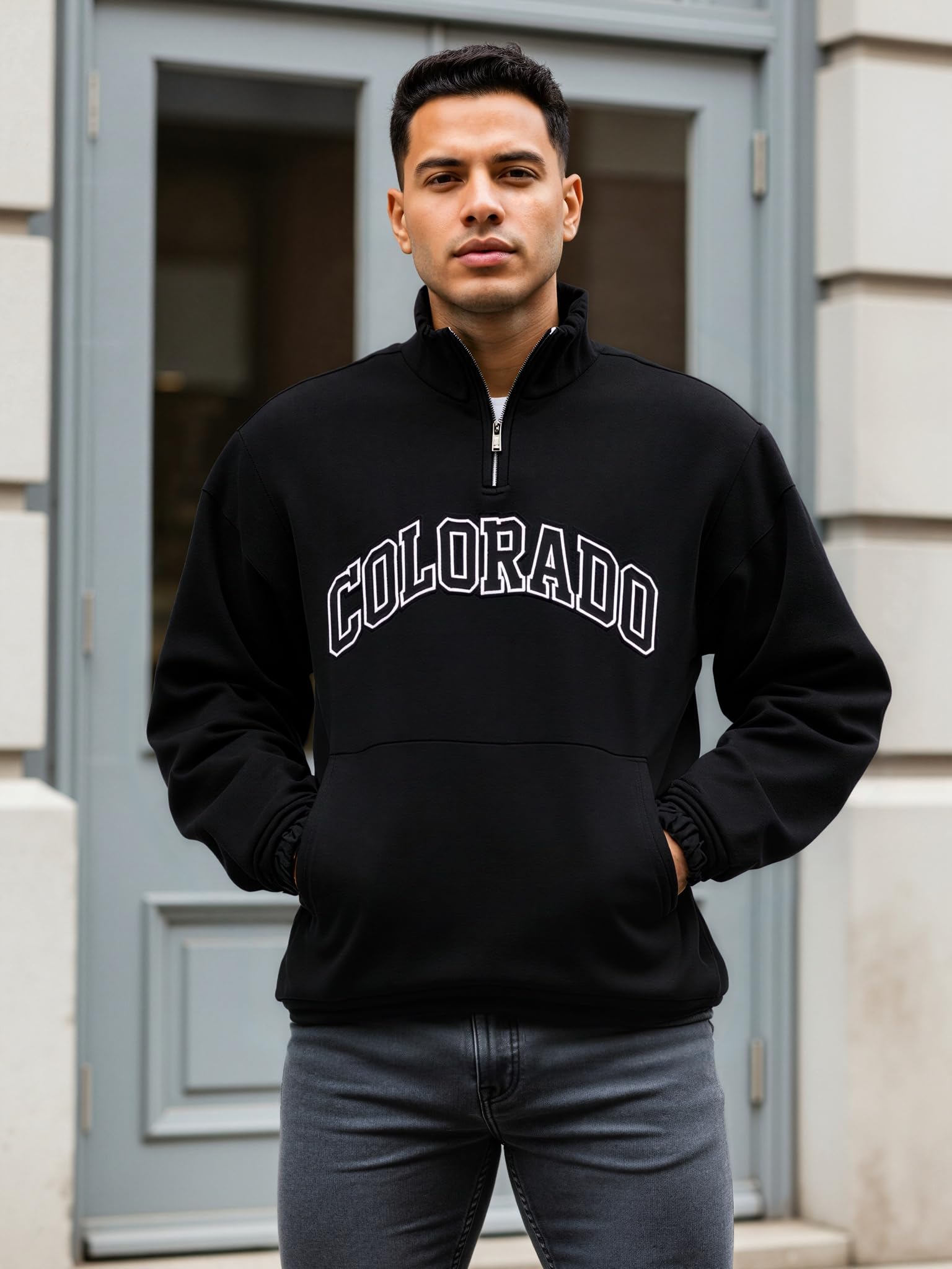 Felpa da uomo con mezza zip grafica, per uscite casual, stile quotidiano, bar, m