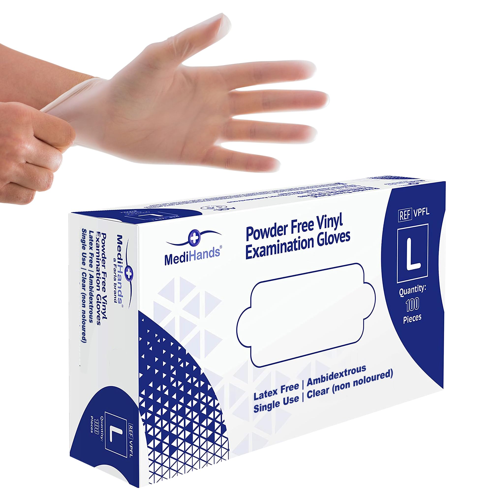 MediHands Vinyl Clear Gloves Large Disposable Surgical Gloves, Box of 100 Powder