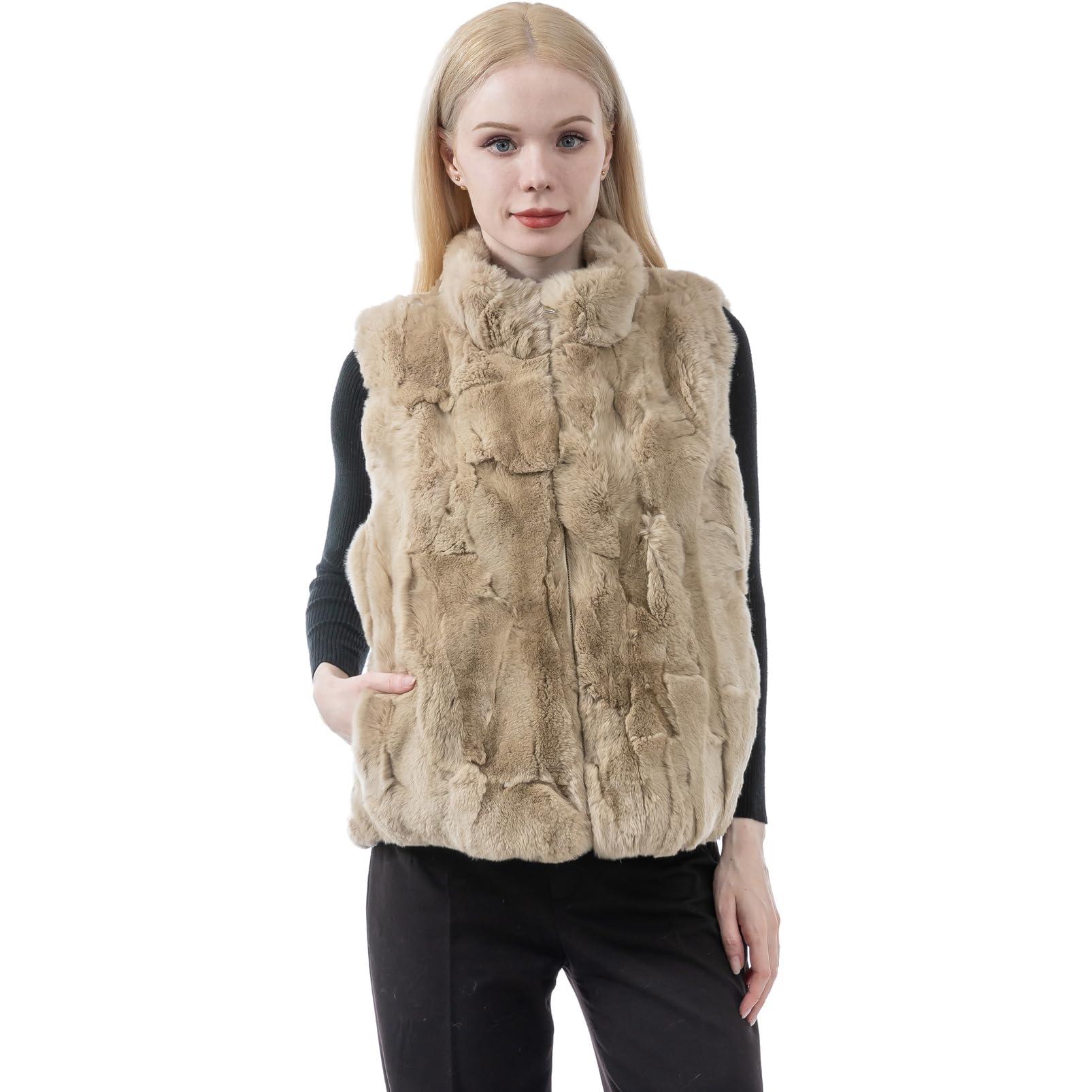 LVCOMEFF Women Real Rex Rabbit Fur Vest Furry Fluffy Classic With High Collar Sl