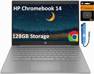 HP Chromebook 14 Laptop, Intel 4-Core Celeron N4120, 4GB RAM, 128GB Storage | (64GB+64GB SD), 14" HD Display, 7-in-1 USB-C HUB, Home, Students, Light Weight, 14-Hr Long Battery Life, Webcam, Chrome OS
