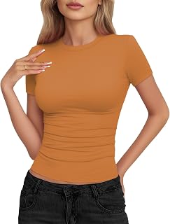 YOGINGO 2 Pack Women's Basic T Shirts Short Sleeve Round Neck Slim Fit T-Shirts Summer 2024 Y2k Going Out Crop Tops Tight Shirts