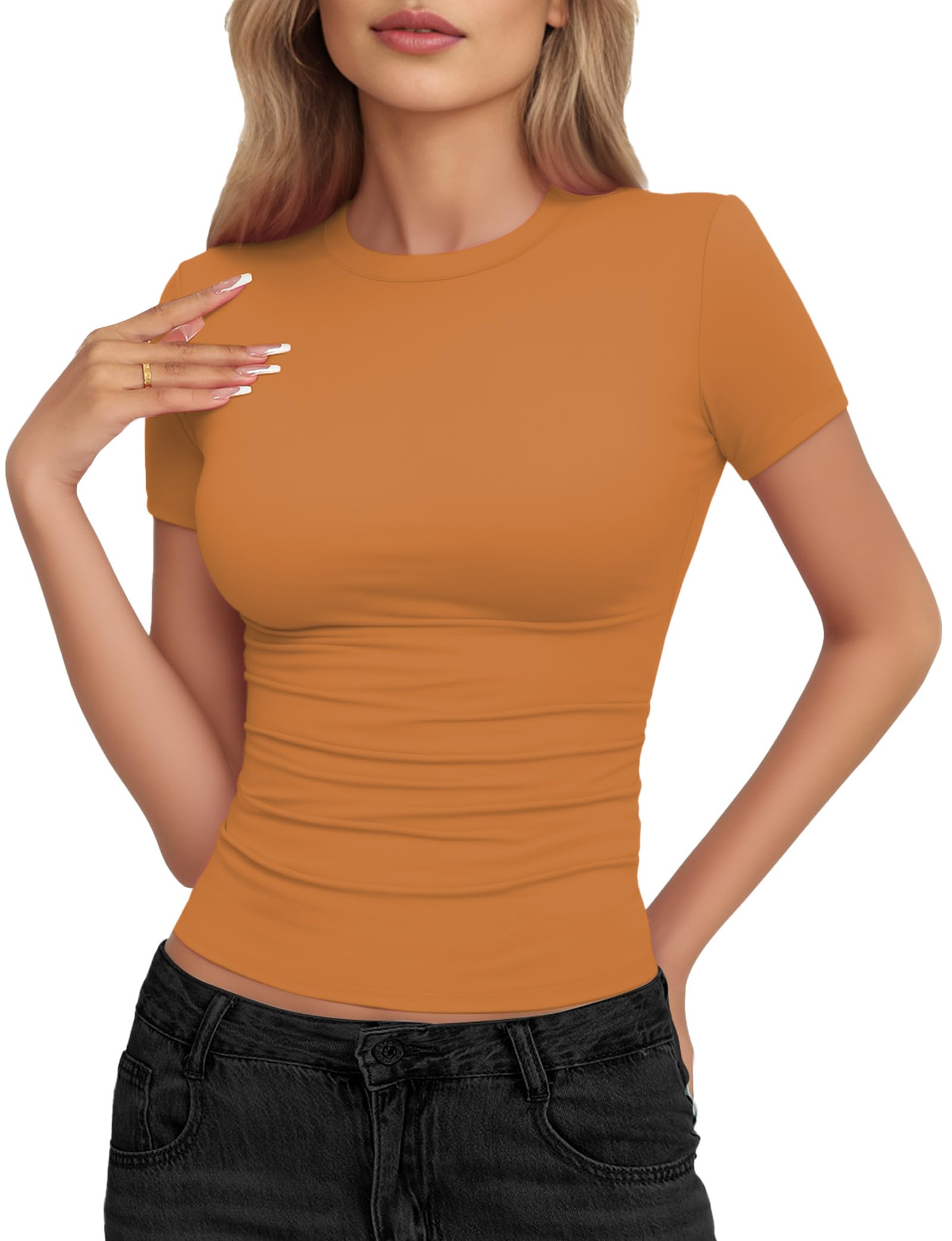 YOGINGO 2 Pack Women's Basic T Shirts Short Sleeve Round Neck Slim Fit T-Shirts 