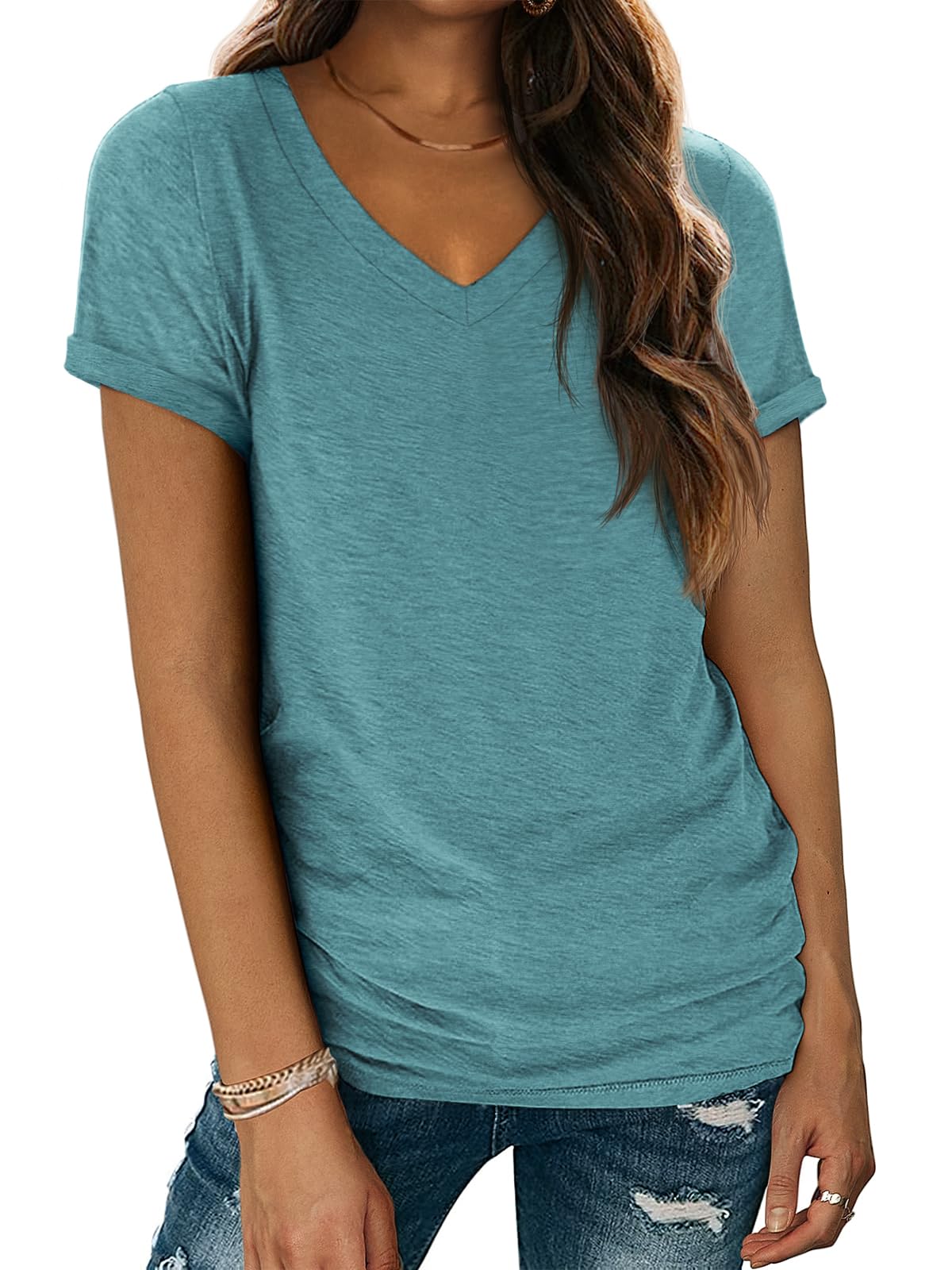 ATHMILE Women's V Neck Short Sleeve T Shirts Fashion Lightweight Casual Summer O