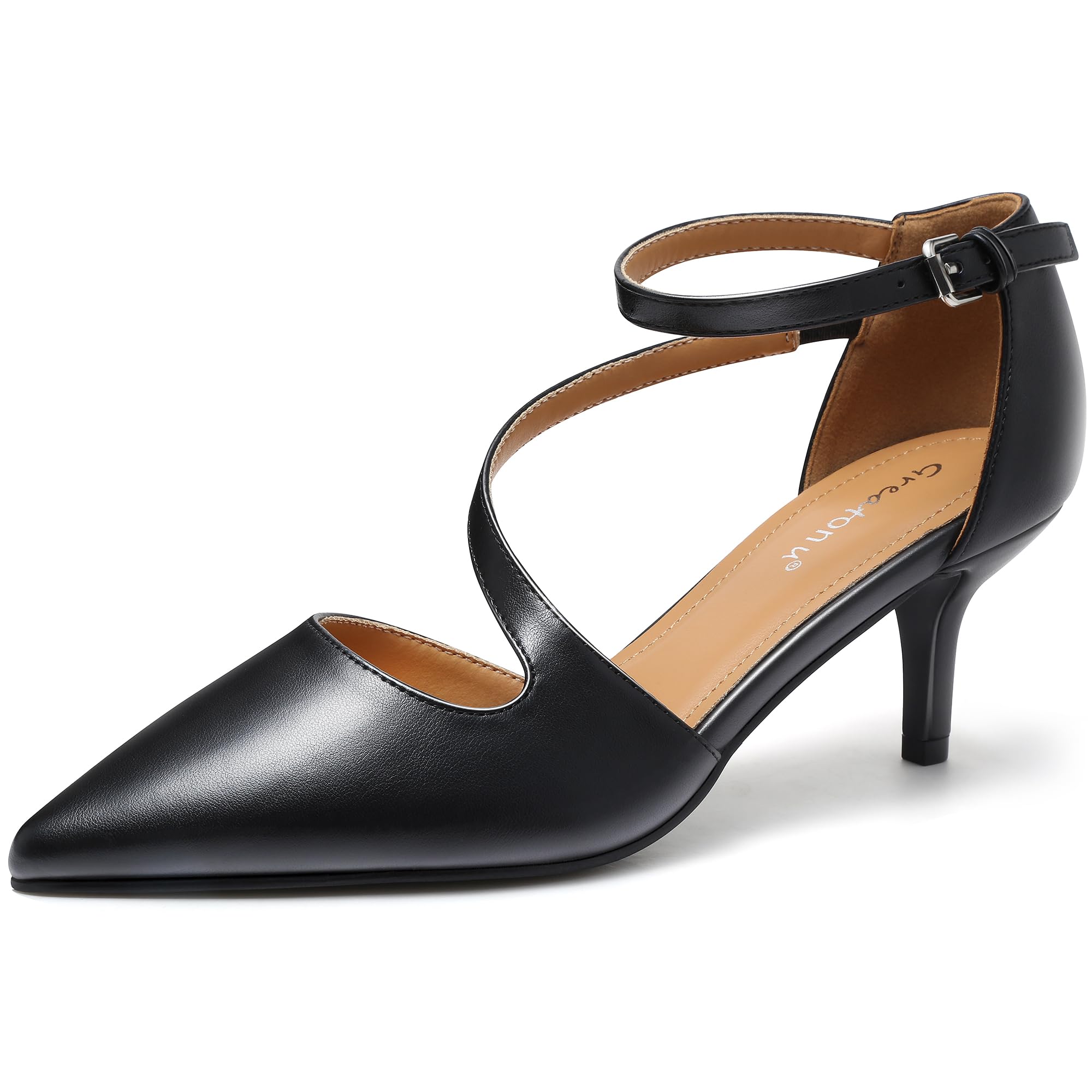 Greatonu Women Pumps Kitten Heel Strappy Cross Pointed Pumps