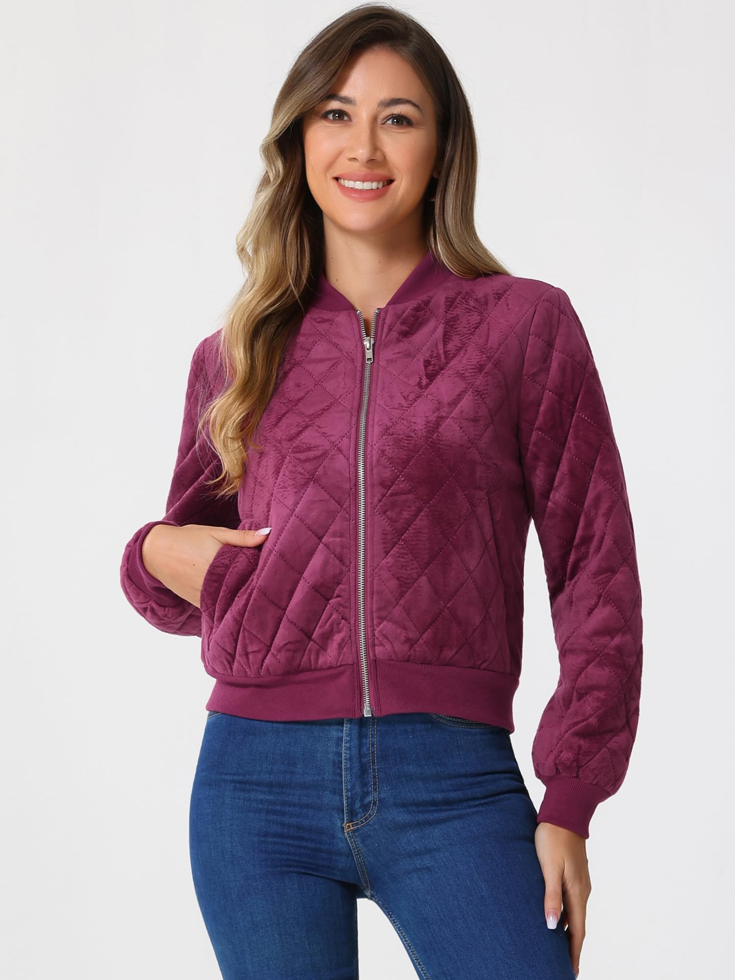 Women's Zip Up Jacket Long Sleeve Velvet Surface Diamond Quilted Bomber Jackets 