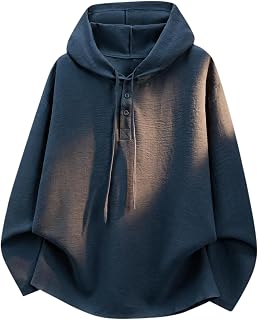 FJLTDCP Men's Hoodie, Long Sleeve, Thin, Cotton-Linen Style, Henley Neck