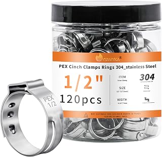 WYSIWYKA 120pcs 1/2 inch PEX Cinch Clamps Rings, 304 Stainless Steel Pex Crimp Rings, Heavy Duty Thickened Single Ear Hose Clamps for PEX Tubing Pipe Fitting Connections