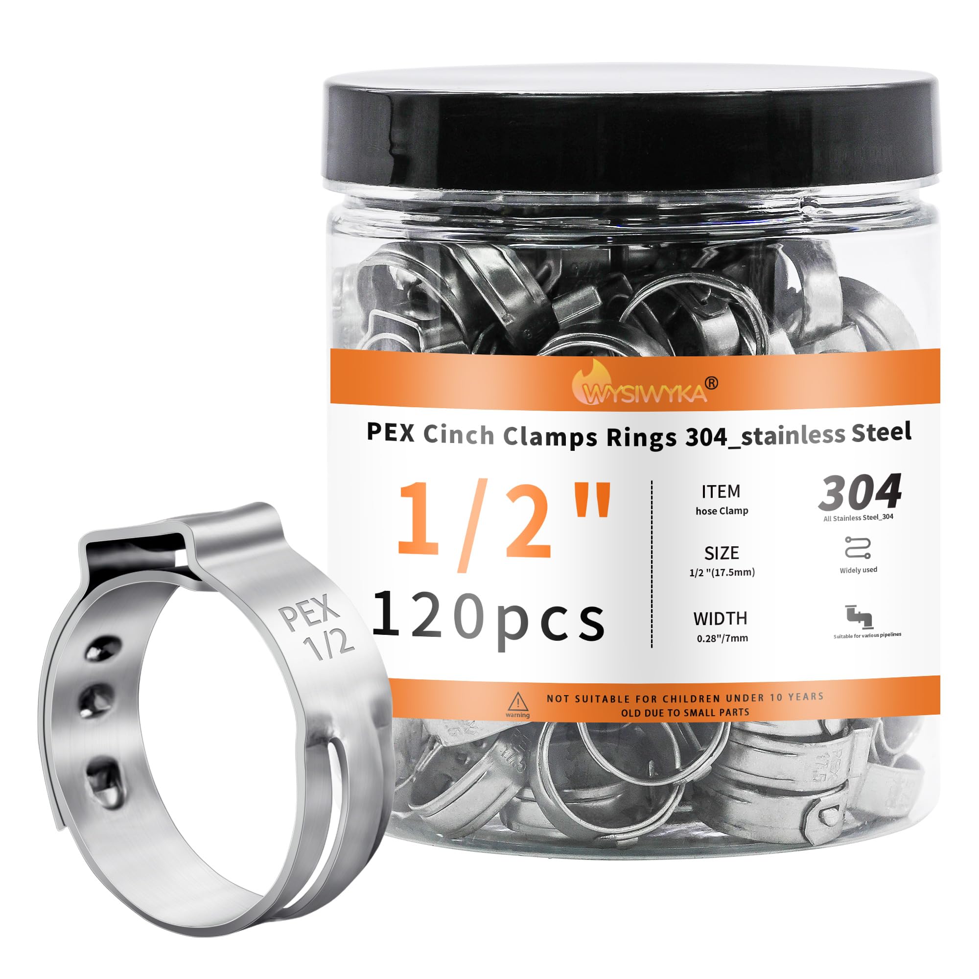 WYSIWYKA 120pcs 1/2 inch PEX Cinch Clamps Rings, 304 Stainless Steel Pex Crimp R