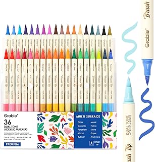 Grabie 72 Color Acrylic Paint Markers, Pack of 36 Dual Tip Brush Pens | 72 Colors in 36 Markers,Dual Tip Soft Brush Design,Water-Based Acrylic Ink For Paper, Rock, Wood, Canvas, Glass & Fabric
