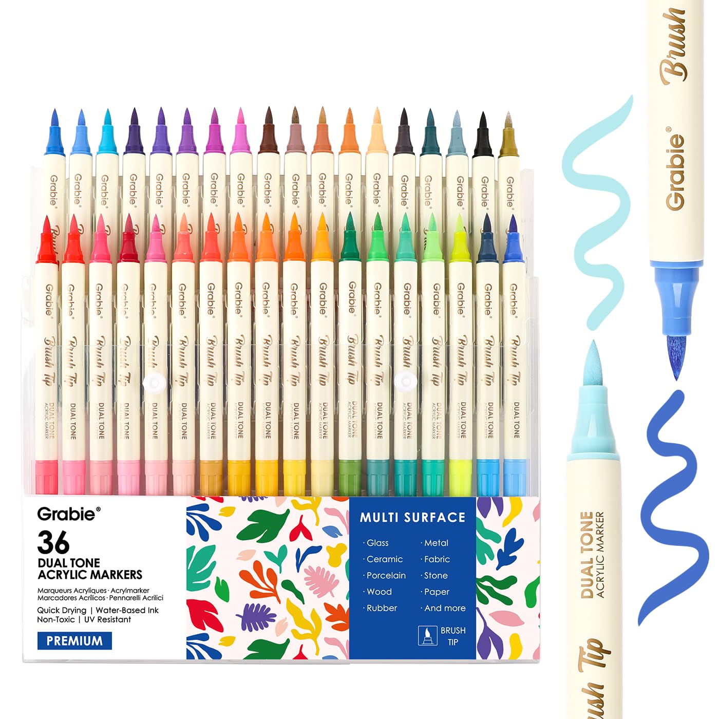 Grabie 72 Color Acrylic Paint Markers, Pack of 36 Dual Tip Brush Pens | 72 Color