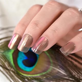 Short Square Press On Nail Shiny Clear Brown Glitter Fake Nail Polish Full Cover False Nail Kit for Women - 24pcs/set