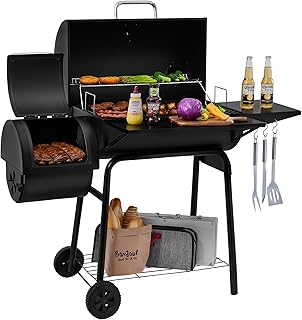 Royal Gourmet CC1830S BBQ Charcoal Grill and Offset Smoker, Outdoor Camping | 824 Square Inch Barrel Charcoal Grill, Front and Side Table, Adjustable Charcoal Pan, Side Door, Lid Thermometer | Black