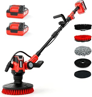EWORK Power Floor Scrubber, 20V Brushless Water Fed with 5 Brushs | 2 x 2.0 Ah Batteries & Dual Port Fast Charger, IPX7 Waterproof, 45‑59" Pole, 8-Angle Head, Brush for Bathroom, Patio & Deck