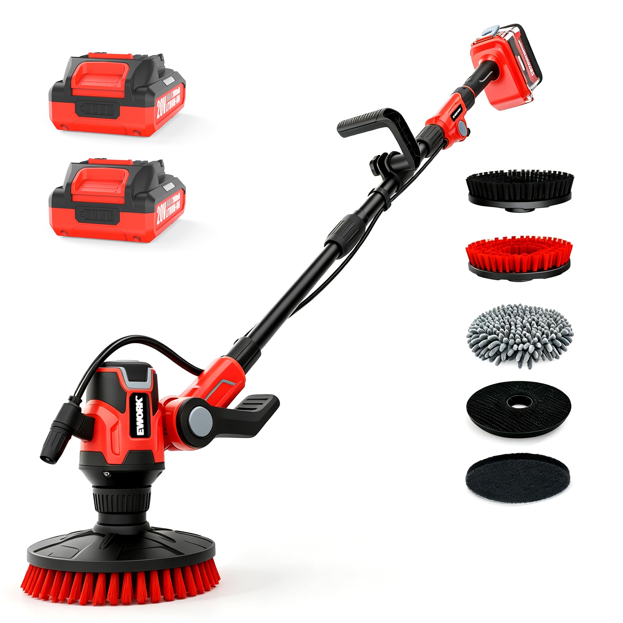 EWORK Power Floor Scrubber, 20V Brushless Water Fed with 5 Brushs | 2 x 2.0 Ah B