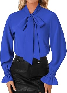 LYANER Women Blouse Bow Tie Front Smocked Long Sleeve Elegant Office Shirt Top