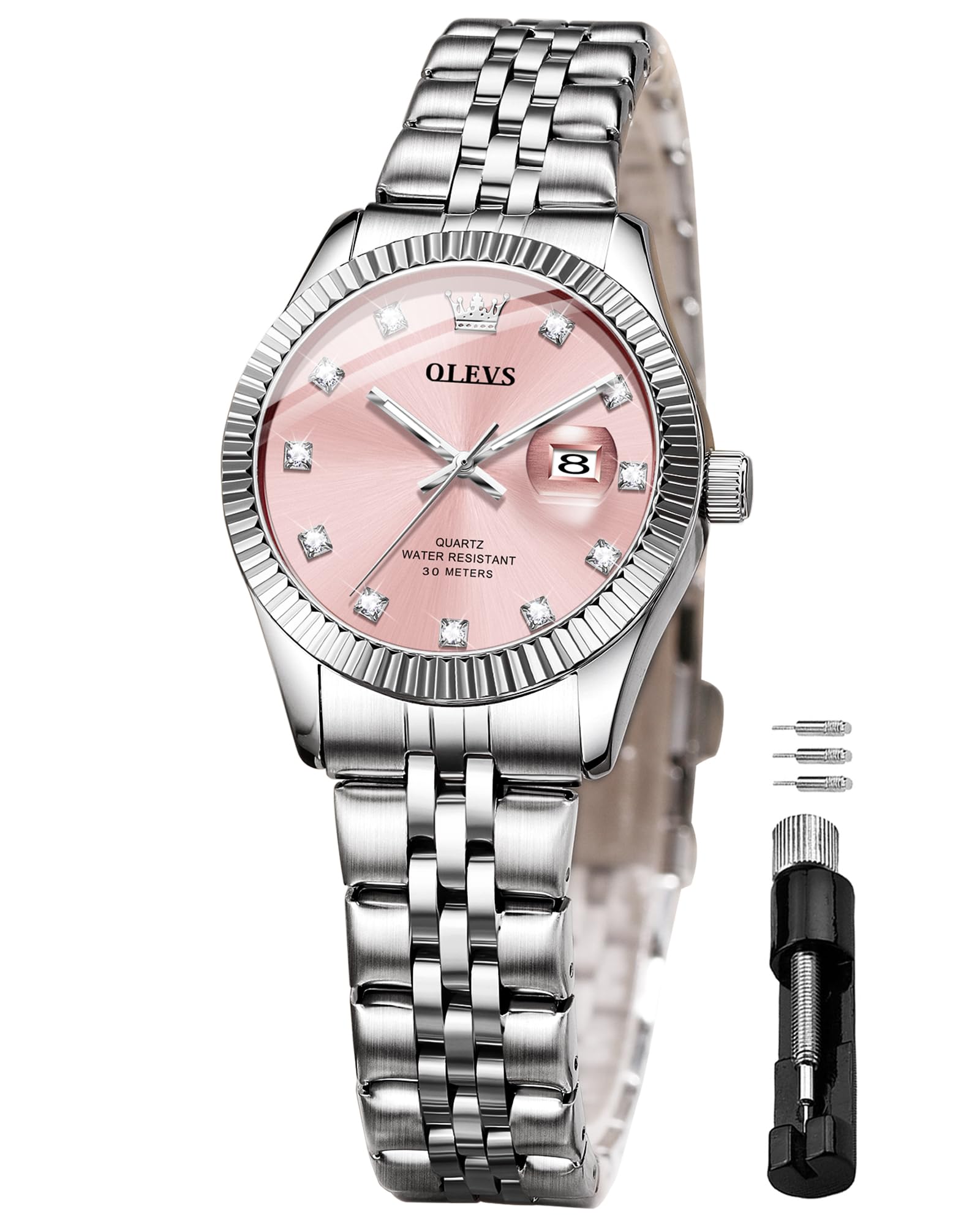 OLEVS Orologio da polso da donna con diamanti, analogico, al quarzo, in acciaio 