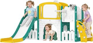 Qaba 7 in 1 Toddler Slide with Telescope, Crawl Tunnel for 1-3 Y Yellow | Baby Slide, Climber, Telescope, Drawing Board, Indoor Outdoor Playground, Gifts for Boys Girls