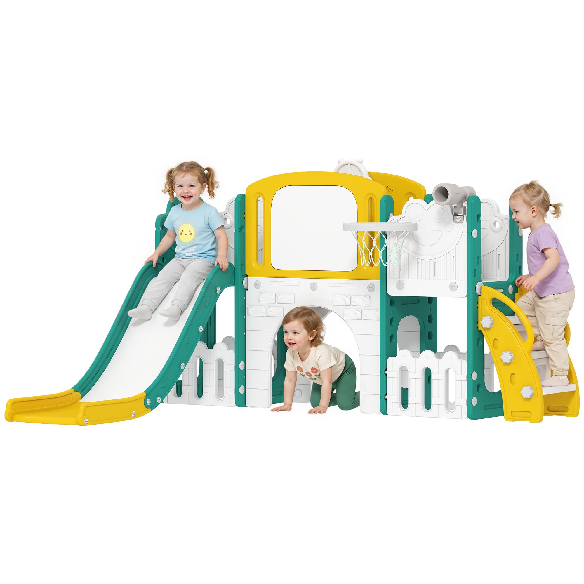 Qaba 7 in 1 Toddler Slide with Telescope, Crawl Tunnel for 1-3 Y Yellow | Baby S