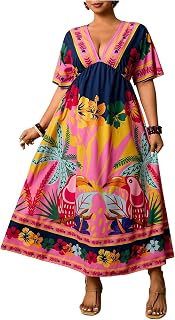 Floerns Women's Plus Size Hawaiian Tropical V Neck Long Dress