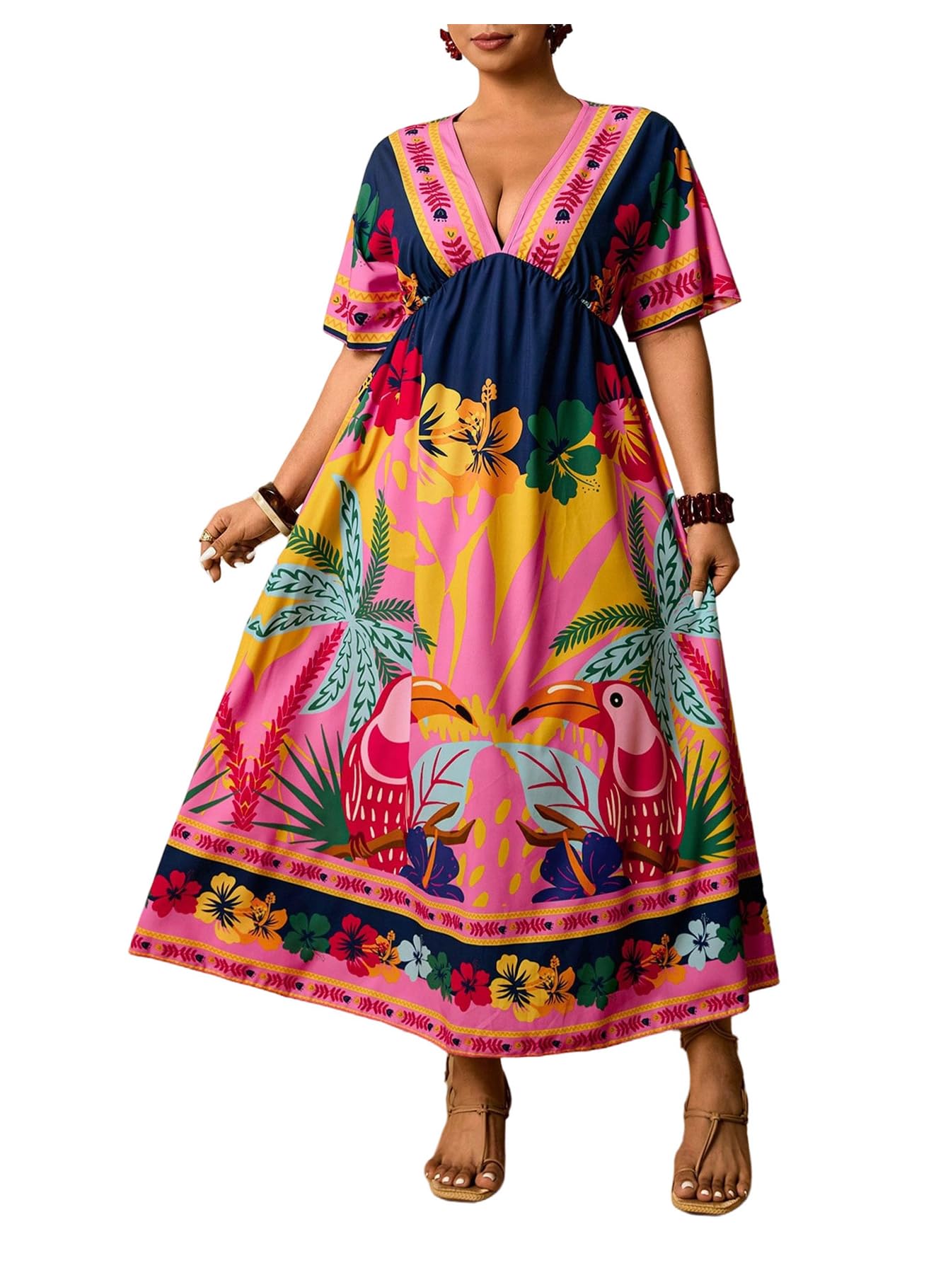 Floerns Women's Plus Size Hawaiian Tropical V Neck Long Dress