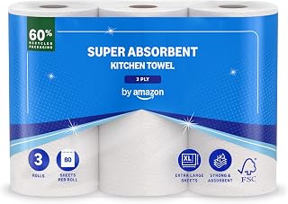 by Amazon Super Absorbent Kitchen Towel, 3-ply, 3 Rolls (1 Pack of 3), 80 Sheets per Roll