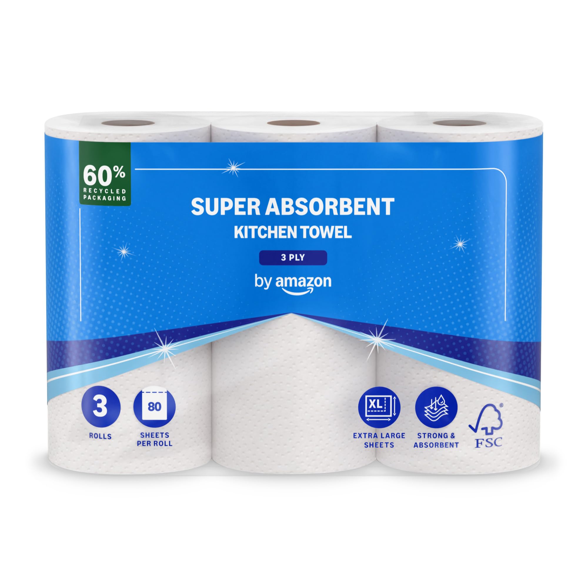 by Amazon Super Absorbent Kitchen Towel, 3-ply, 3 Rolls (1 Pack of 3), 80 Sheets