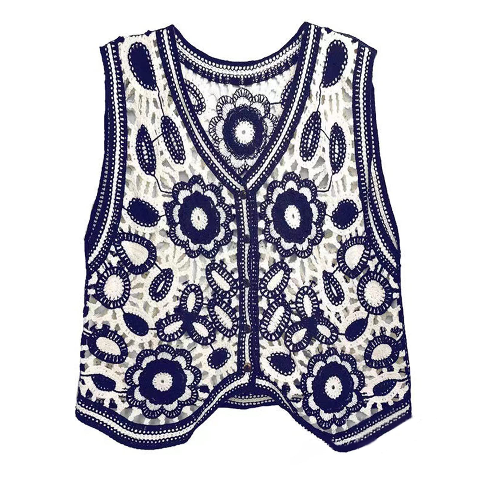 Women Hollow Knit Crochet Floral V Neck Vest Waistcoat Cropped Cardigan French L