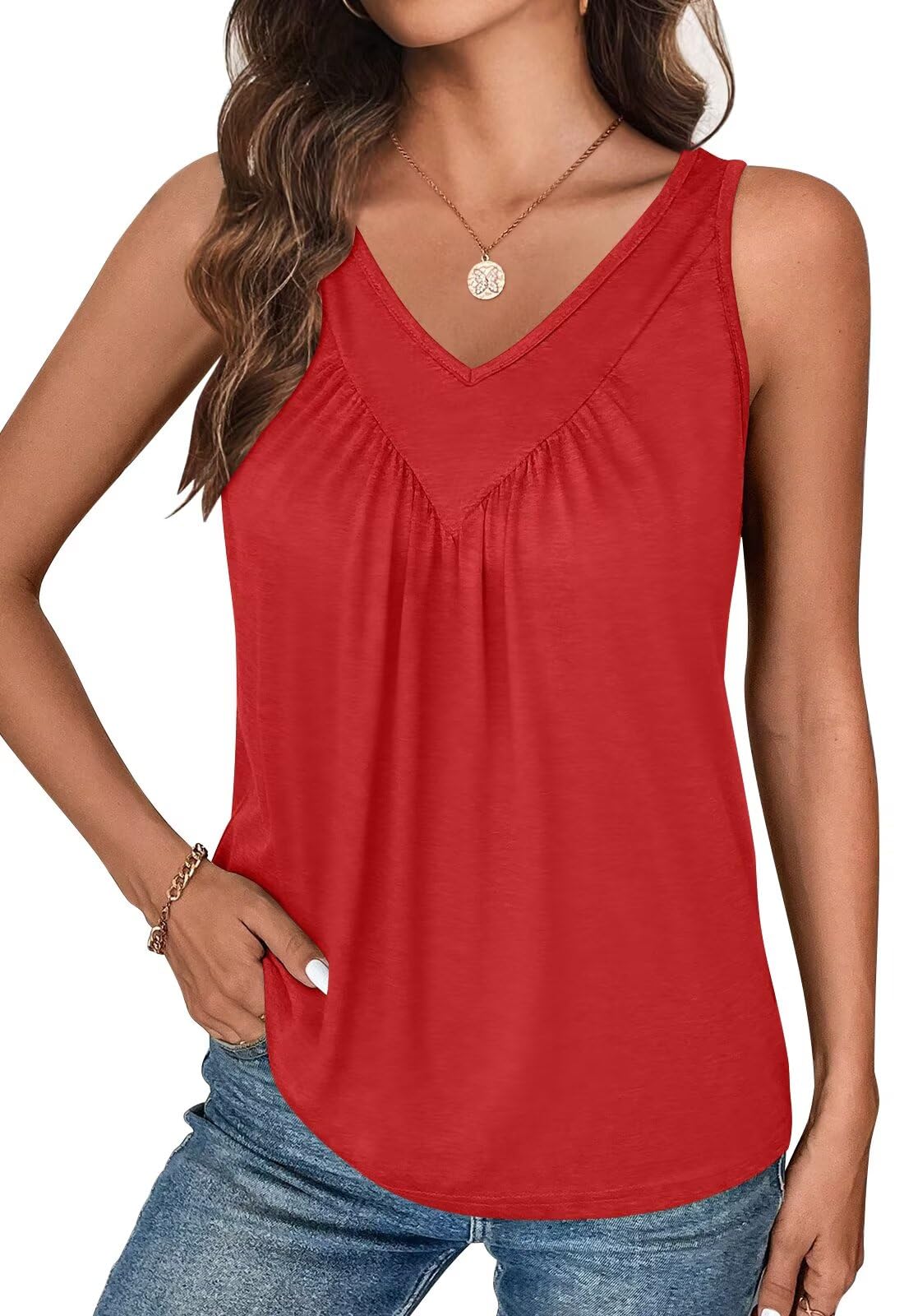 Bliwov Women Tank Tops Ruched V Neck Loose Fit Casual Sleeveless Beach Holiday O