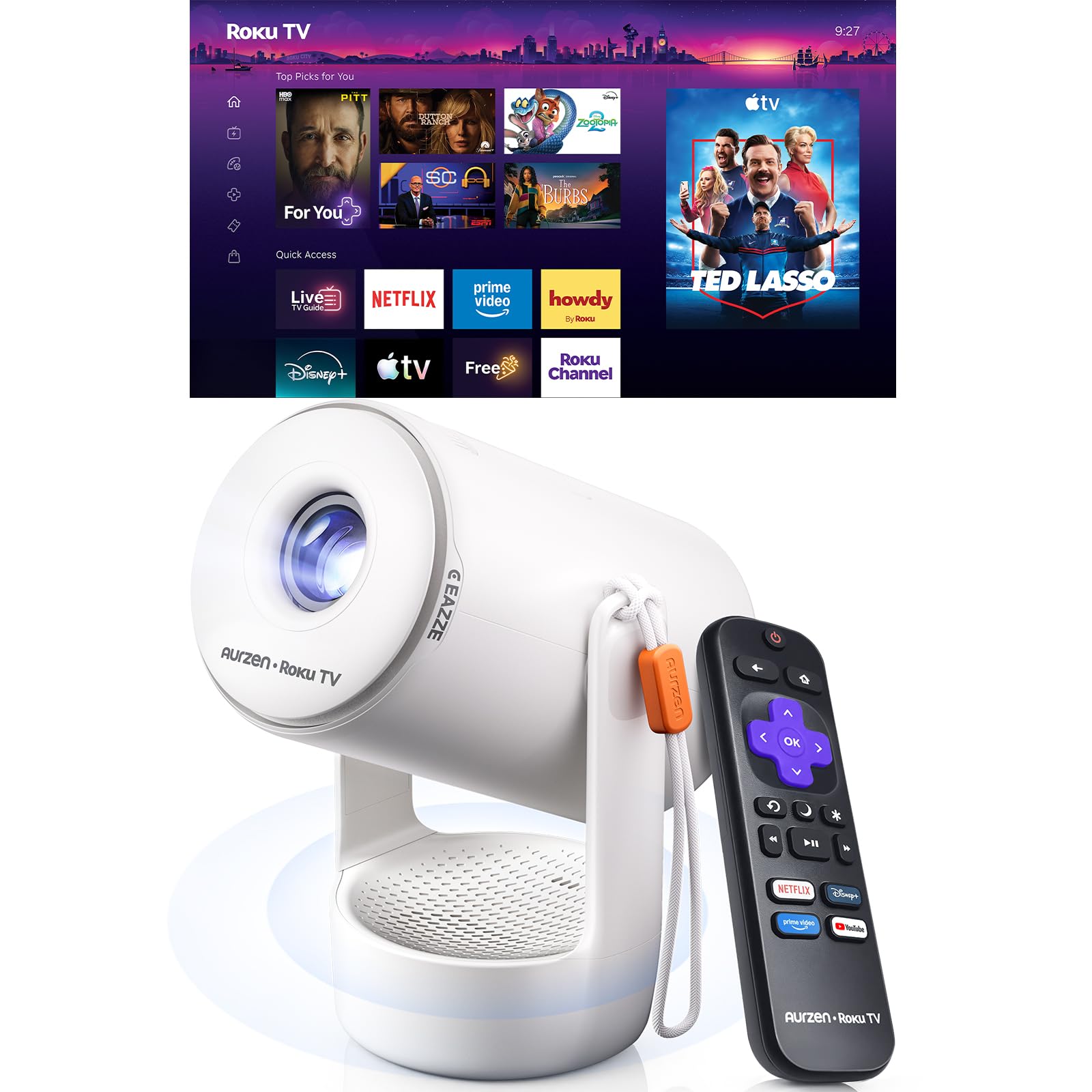 Aurzen Roku TV E1R Smart Portable Mini Projector with WiFi and Bluetooth | Roku 