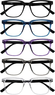 OPULIZE LEO Reading Glasses - Rectangular Frame, 5 Pack - Black/Blue/Purple/Grey/Transparent, One Size