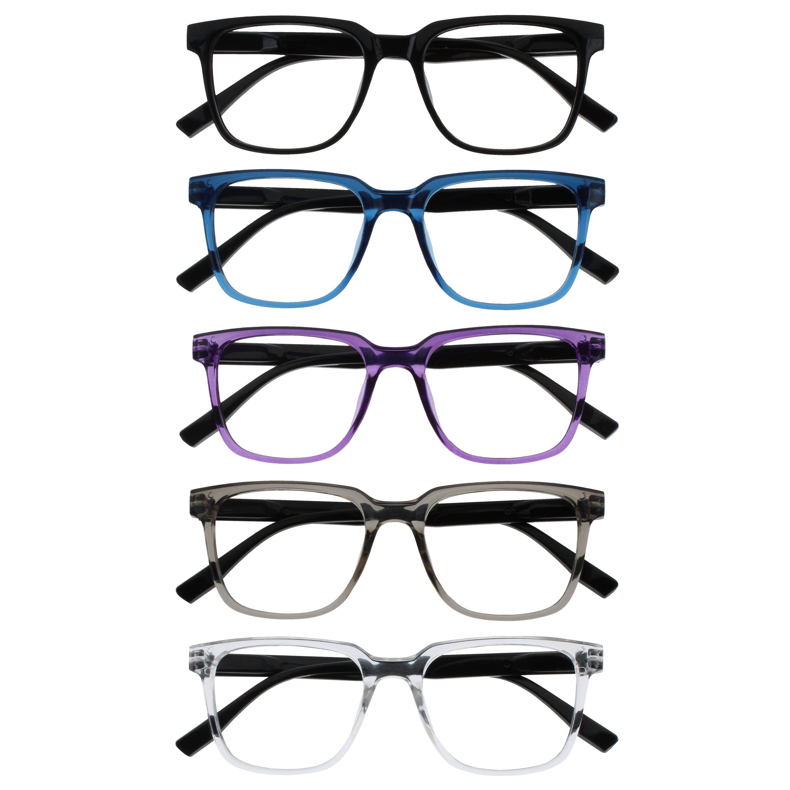 OPULIZE LEO Reading Glasses - Rectangular Frame, 5 Pack - Black/Blue/Purple/Grey