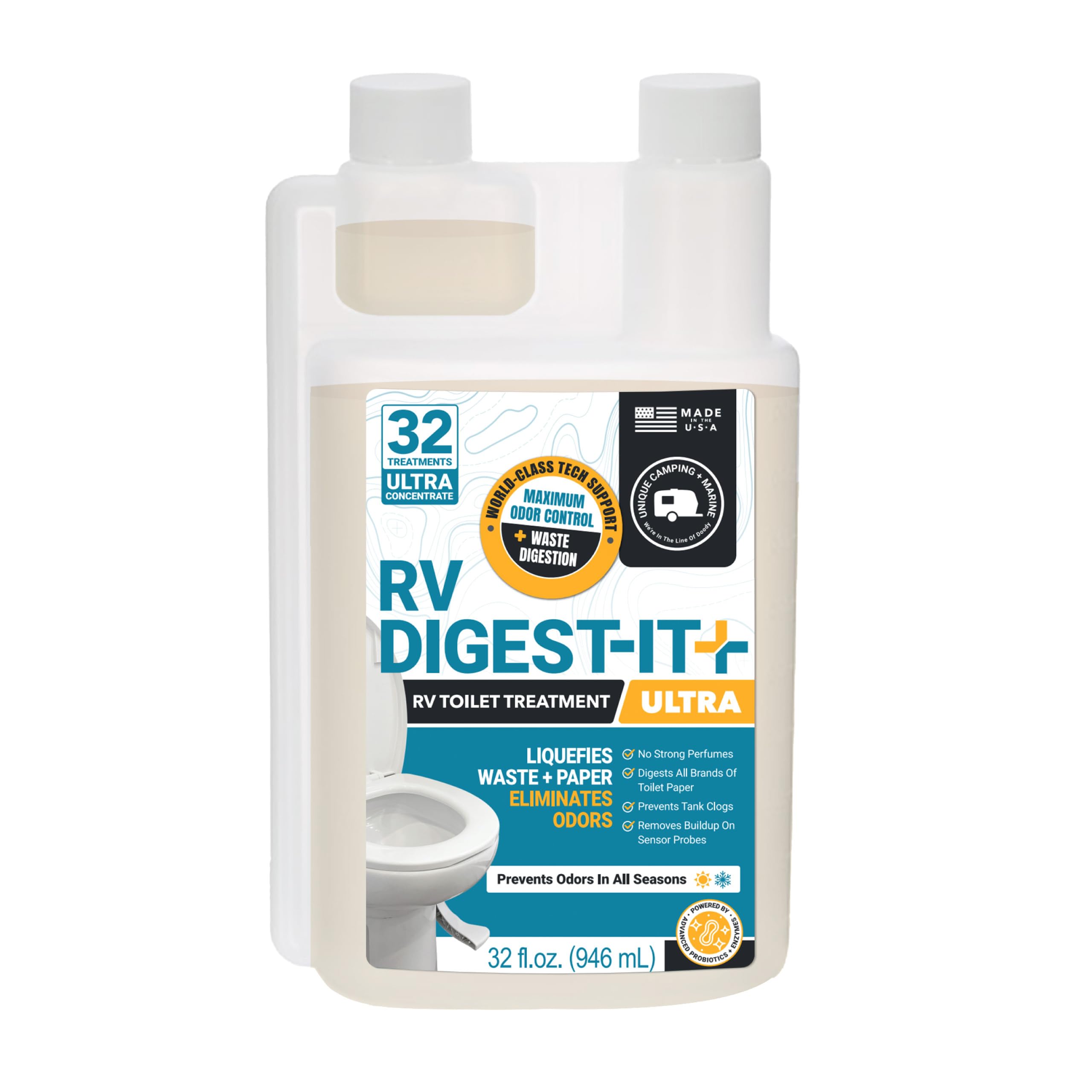 Unique RV Toilet Treatment, RV Digest-It Ultra Liquid, 32 Uses | Strong easy-mea