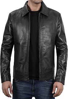 Blingsoul Vintage Leather Jacket Men - Real Lambskin Classic Leather Jacket for Mens with Shirt Style Collar