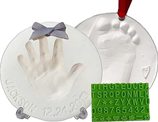 Baby Handprint Footprint Keepsake Ornament Kit (Makes 2) - Bonus Stencil for Personalized Christmas, Newborn, New Mom &amp; Shower Gifts. 2 Easels! Non-Toxic Clay, Air-Dries Light &amp; Soft, Won't Crack.