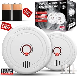 2 Pack Smoke Alarms for Home – 10-Year Life Fire Alarms with 5-Year Replaceable Battery, EN14604 Certified Photoelectric Smoke Detector with Silence Button, LED Light, for Kitchen, Caravan, Office
