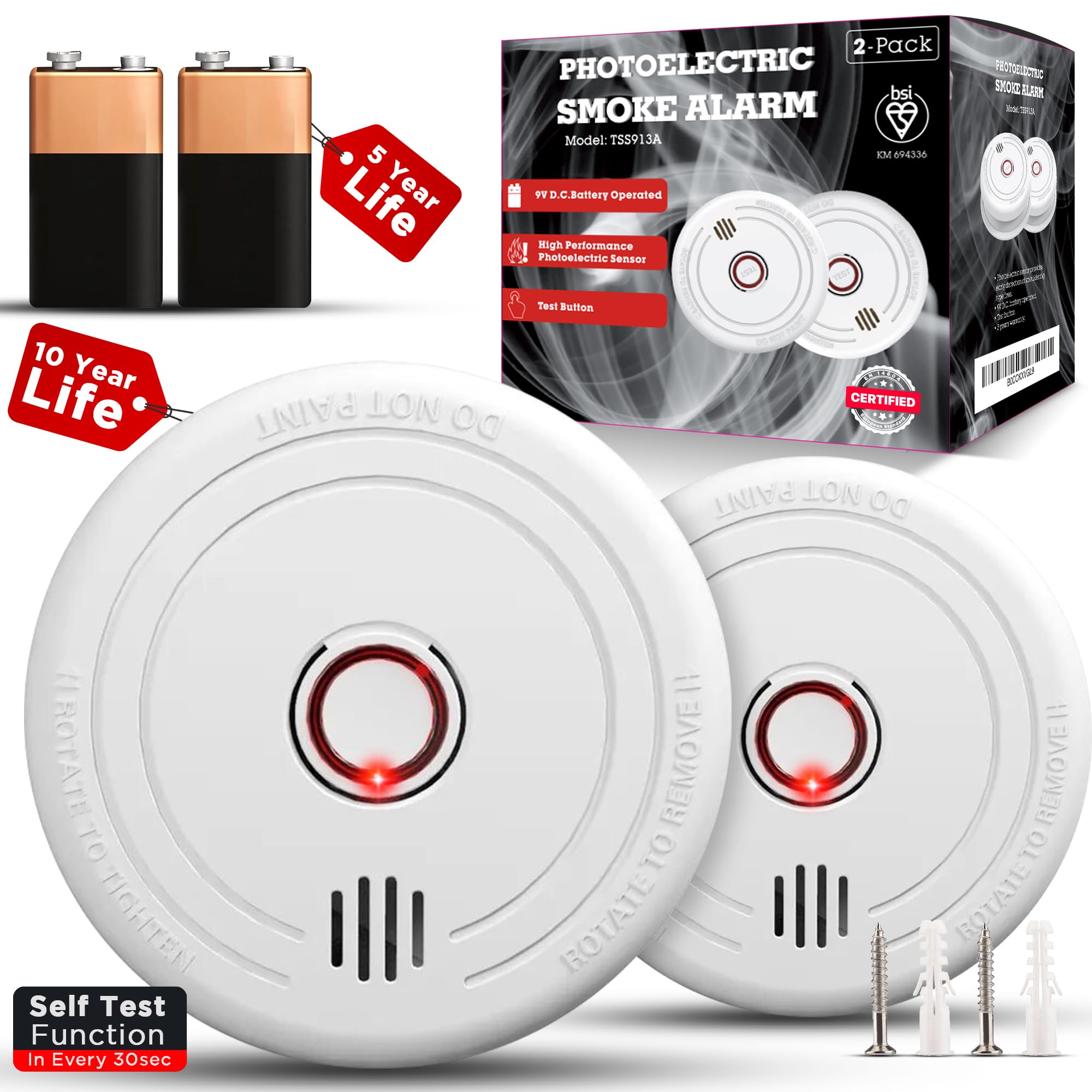 2 Pack Smoke Alarms for Home – 10-Year Life Fire Alarms with 5-Year Replaceable 