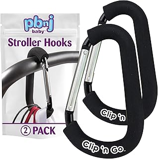 PBnJ Baby Stroller Hooks, Large Carabiner Clip, Diaper Bag Purse, 2 Pack | Extra Large 6.3in Mommy Hook, Patented Full Foam Handle, Theme Park Trip Essential, Fits Wagons and Shopping Carts